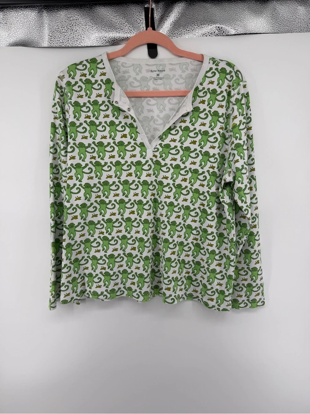 Roller Rabbit‎ Grandmillennial Preppy White/Green Monkey-Print L/S Henley SzM